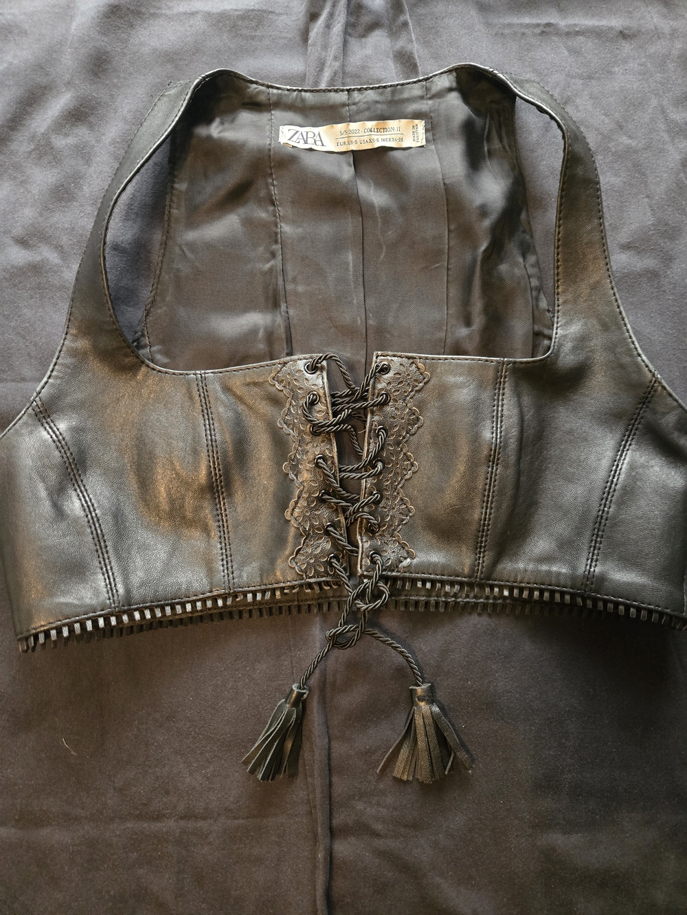ZARA Black Leather Lace-Up Crop Vest